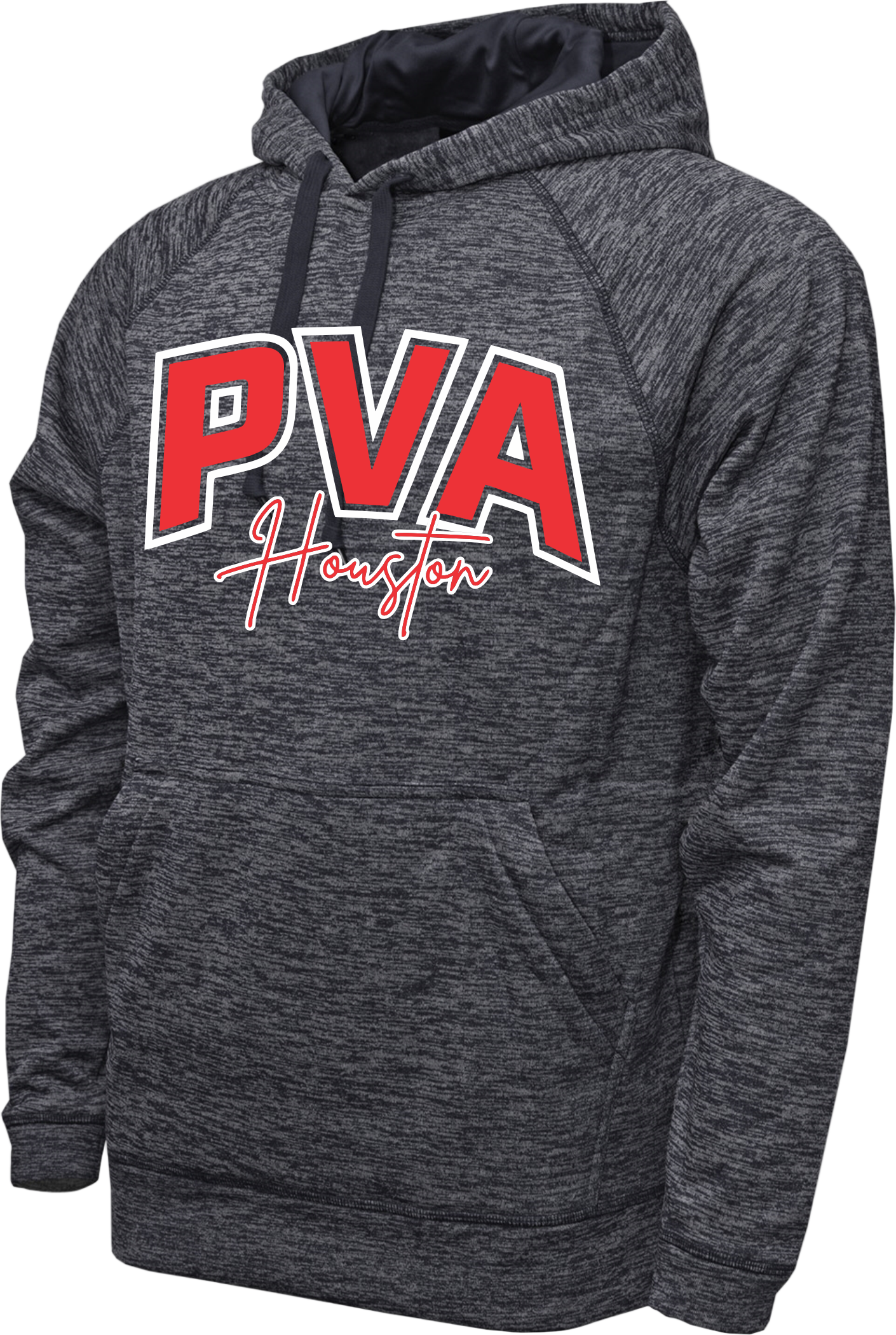 Heathered Navy  hoodie with red and white 'PVA Houston' text on a white background