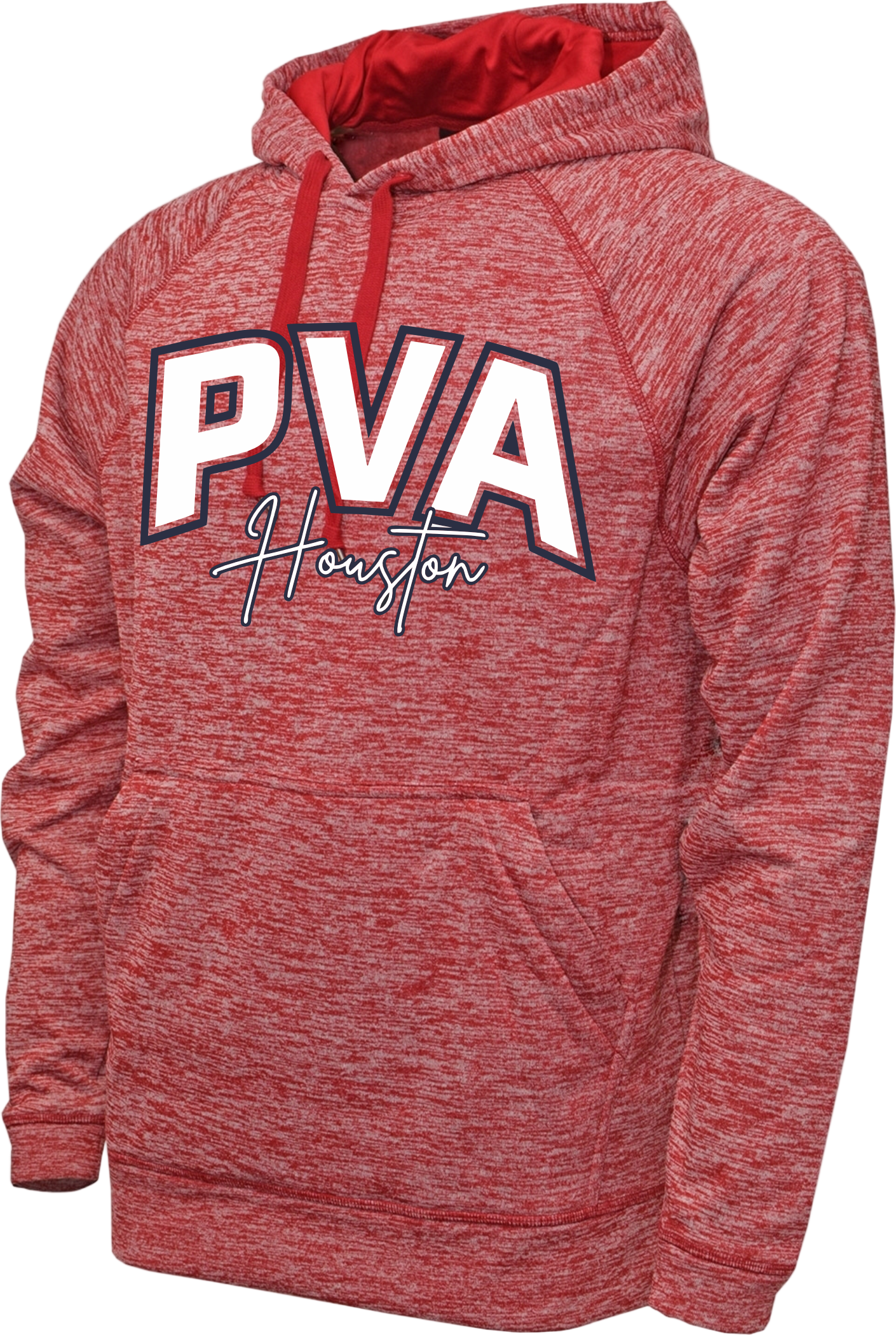 Heathered Red hoodie with 'PVA Houston' text on a white background