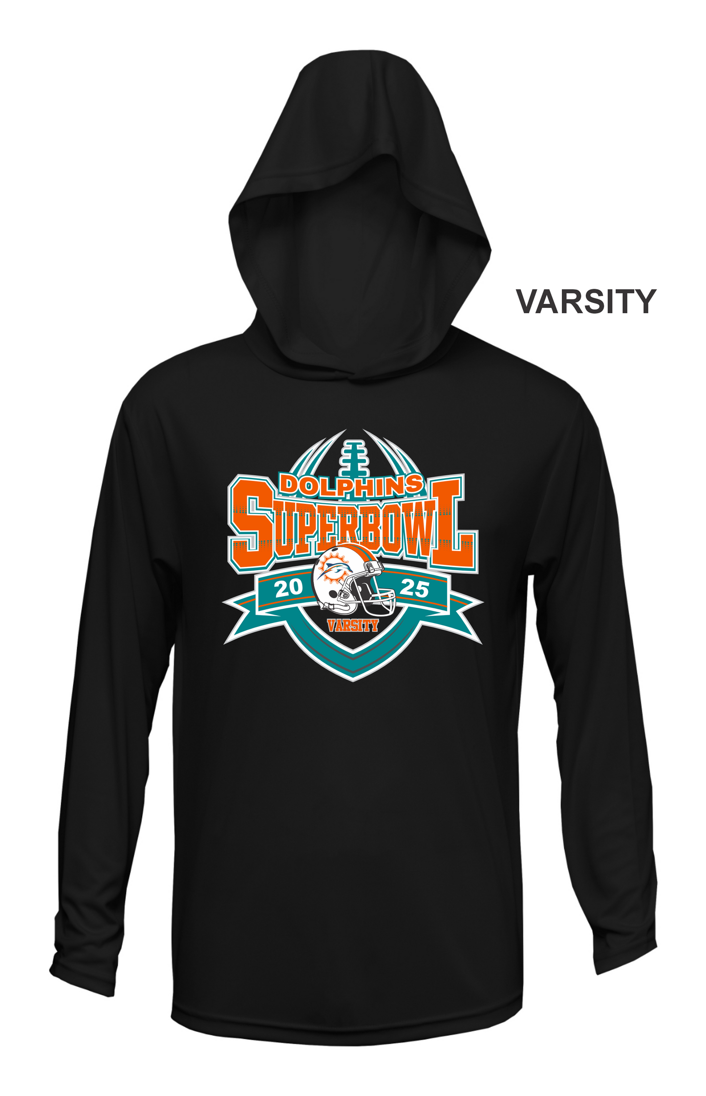 VARSITY DOLPHINS SUPERBOWL HOODED DRI FIT LONG SLEEVE SHIRT