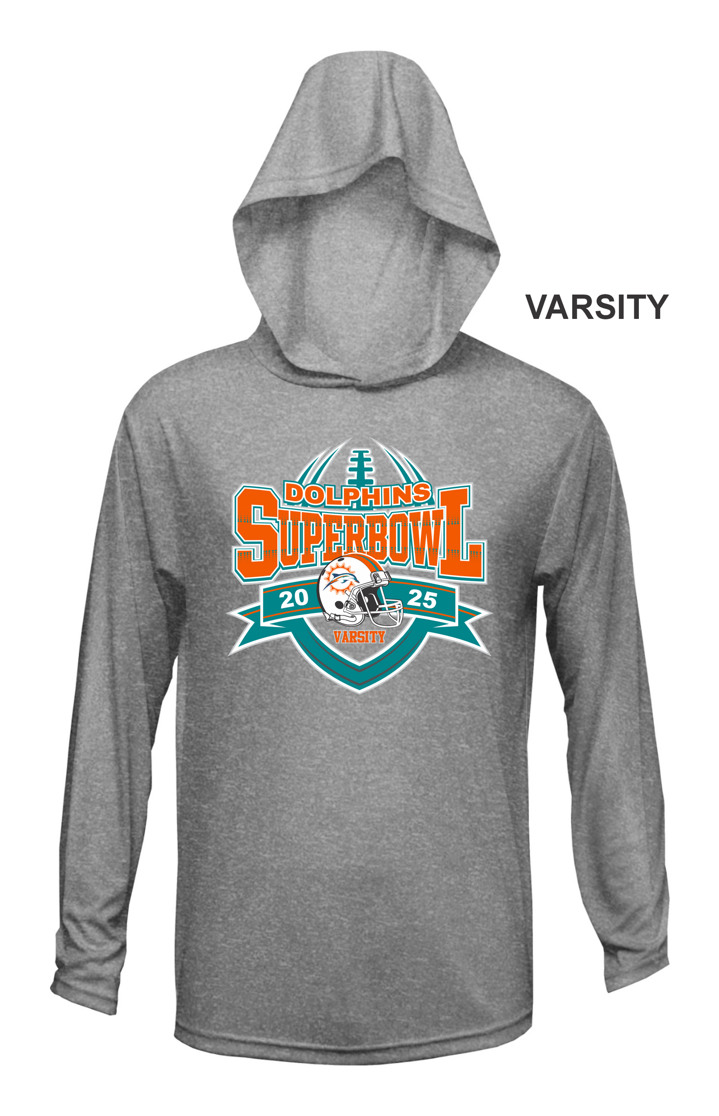 VARSITY DOLPHINS SUPERBOWL HOODED DRI FIT LONG SLEEVE SHIRT
