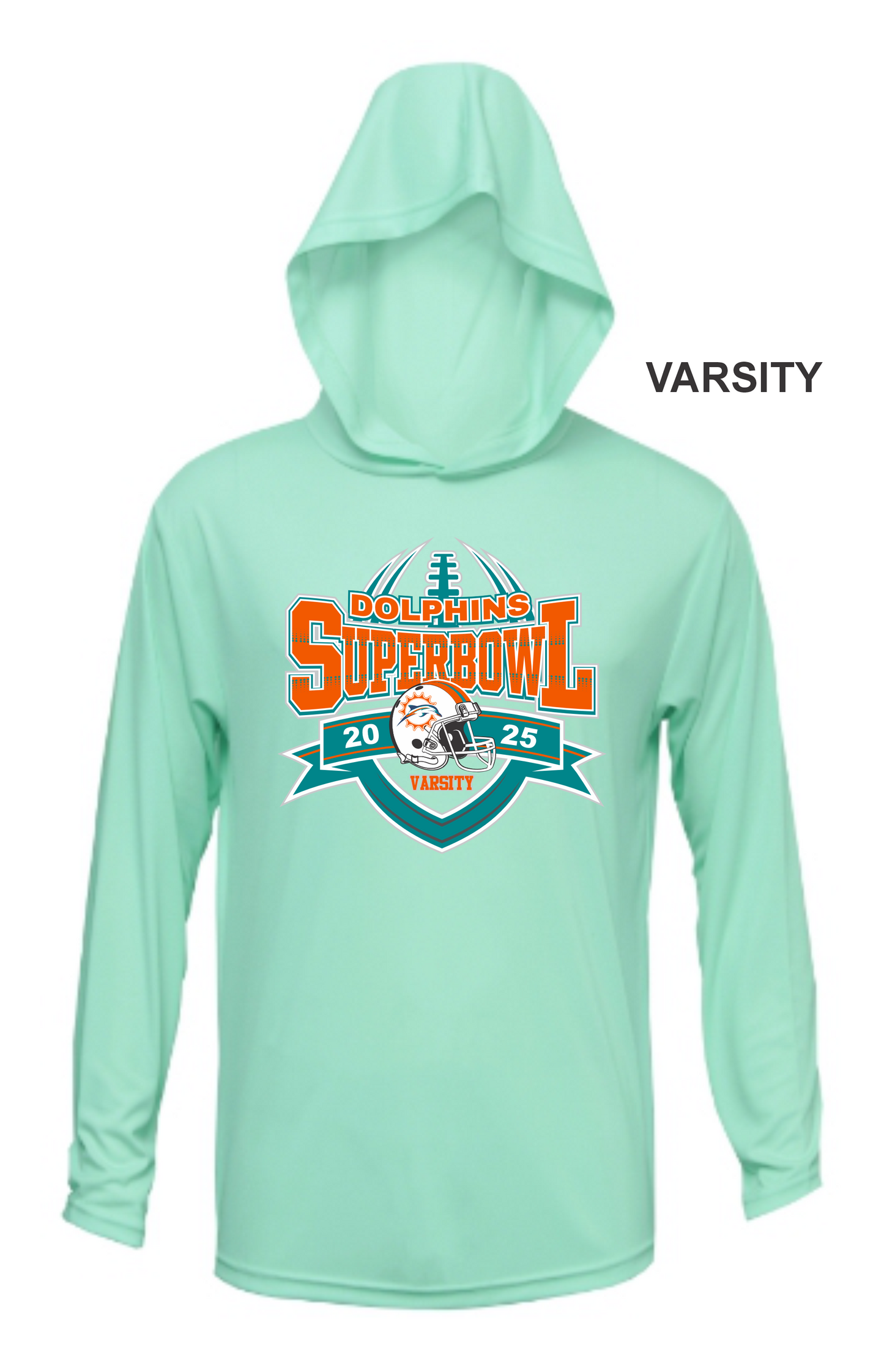 VARSITY DOLPHINS SUPERBOWL HOODED DRI FIT LONG SLEEVE SHIRT