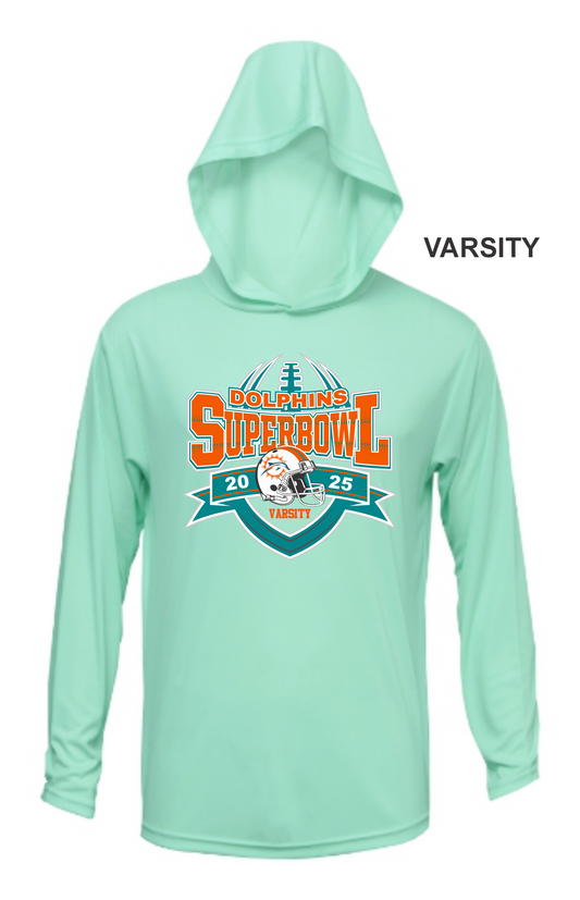 VARSITY DOLPHINS SUPERBOWL HOODED DRI FIT LONG SLEEVE SHIRT